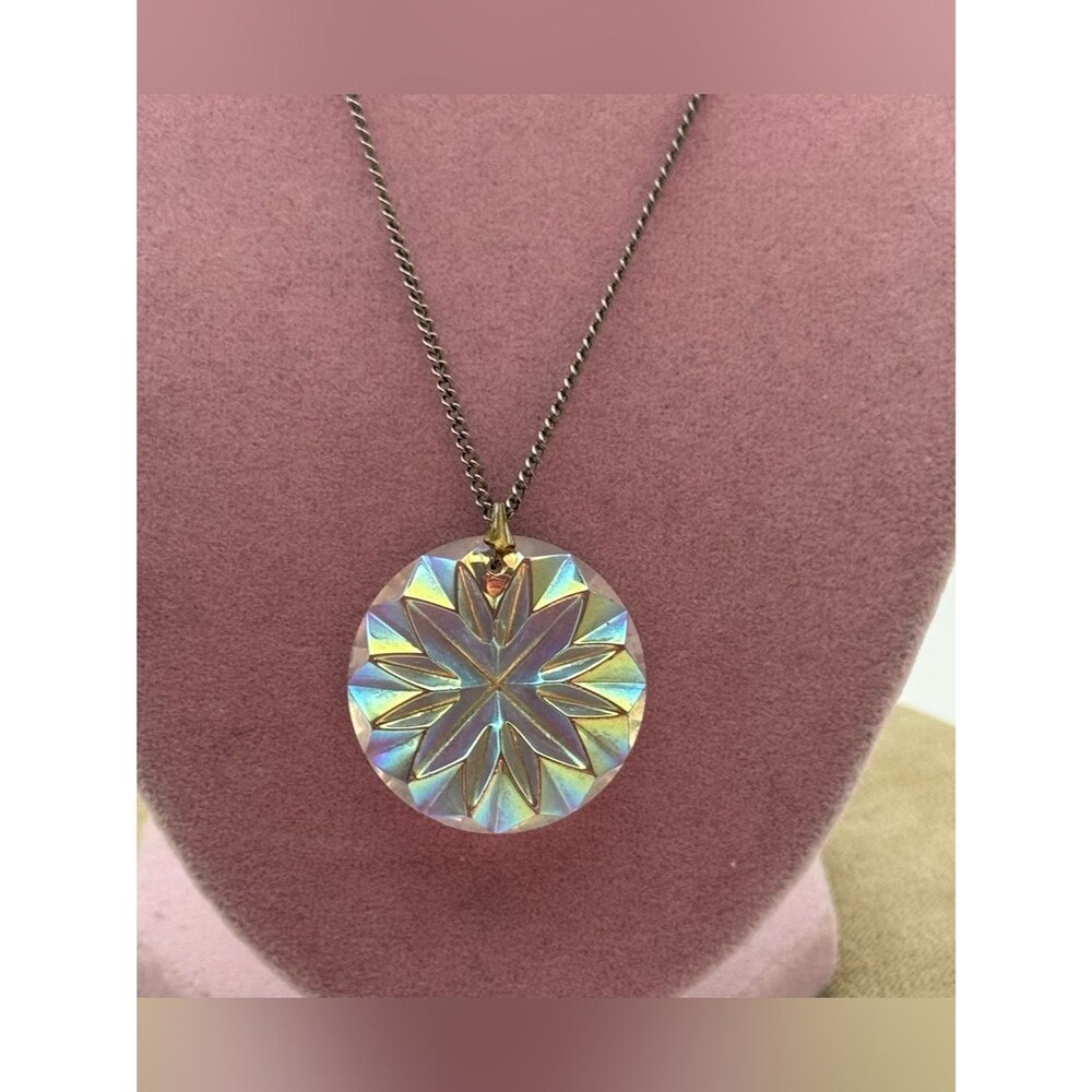 Iridescent Starburst Crystal Pendant Necklace - Gold Bail